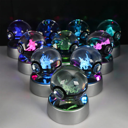 Lampe Pokémon Cristal 3D Kawaii – Pokéball Magique avec LED Colorées ✨