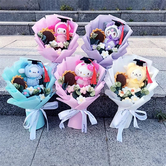 💐 Bouquet Kawaii avec Peluche – Hello Kitty, My Melody, Kuromi & Cie