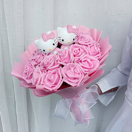🌹 Bouquet Hello Kitty Kawaii – Roses Roses Éternelles en Tissu